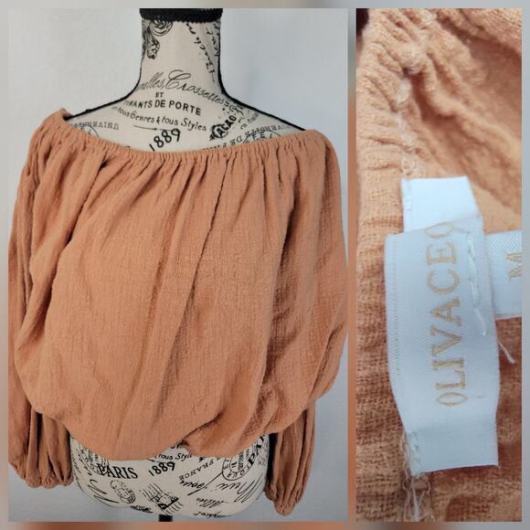 Olivaceous Gauze Relaxed Top Sz Medium Off Shoulders Balloon Long Sleeves - Picture 1 of 10